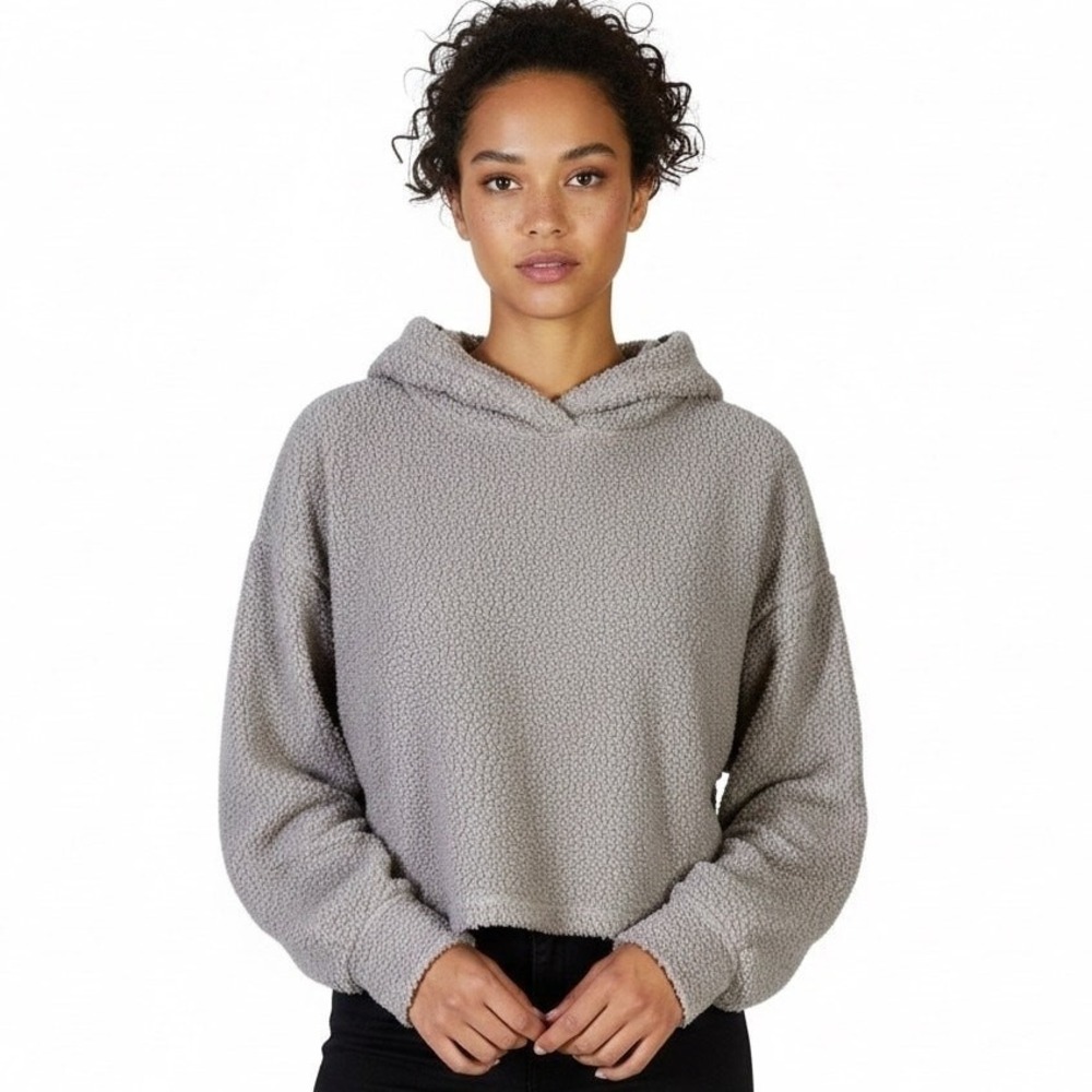Windsor Faux Shearling Boucle Cropped Hoodie Mauve Grey Teddy Pullover Size M